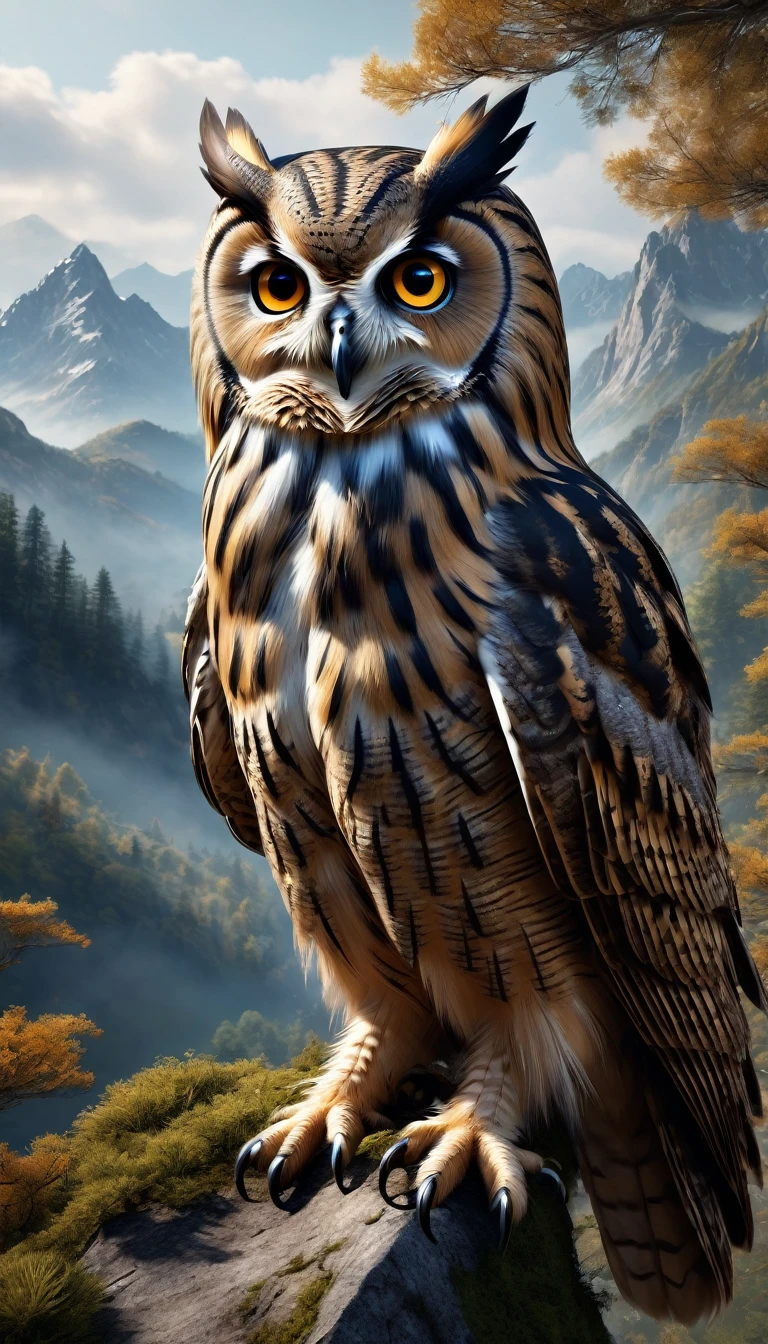 Mountains and forests,There is a kind of bird,Looks like an owl but has human hands(best quality,4K,8K,High level,masterpiece:1.2),Ultra Detailed,(lifelike,Photo real,Photo real:1.37),Highly detailed animals,Realistic lighting,Fantasy Creatures