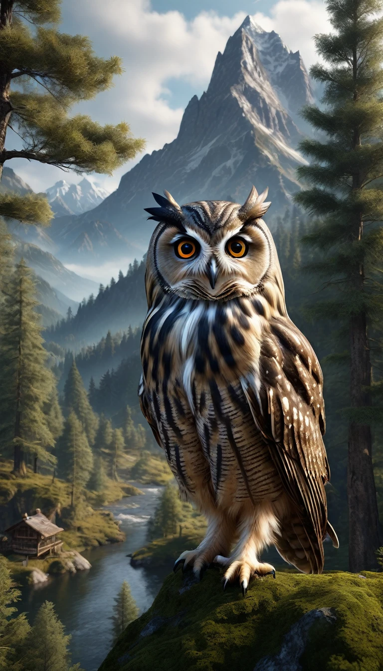 Mountains and forests，There is a kind of bird，Looks like an owl but has human hands(best quality，4K，8K，High level，masterpiece：1.2），Ultra Detailed，（lifelike，Photo real，Photo real：1.37），Highly detailed animals，Realistic lighting，Fantasy Creatures