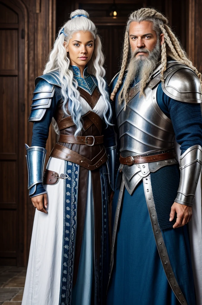 Black skinned woman with vitiligo, curly white hair and blue eyes, wearing a blue and silver dress, next to a tall brown-haired man with a beard, green eyes and white skin, with Viking style armor.