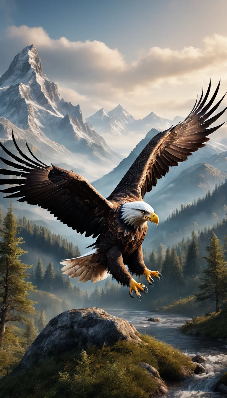 Mountains and forests,There is a kind of beast,Looks like an eagle but has human hands(best quality,4K,8K,High level,masterpiece:1.2),Ultra Detailed,(lifelike,Photo real,Photo real:1.37),Highly detailed animals,Realistic lighting,Fantasy Creatures