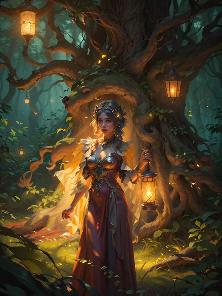 A girl in a forest with a lantern, beautiful detailed eyes, beautiful detailed lips, extremely detailed eyes and face, long eyelashes, fantasy forest, dark forest, dramatic lighting, moody atmosphere, pagan ritual, fire magic, glowing fire, fairy priestess, nature goddess, goddess of the forest, forest spirit, druid goddess, dryad, (best quality,4k,8k,highres,masterpiece:1.2),ultra-detailed,(realistic,photorealistic,photo-realistic:1.37),cinematic lighting,dramatic shadows,vibrant colors,volumetric lighting,intricate details,lush foliage,twisted tree branches,mystical atmosphere,fantasy art,digital painting