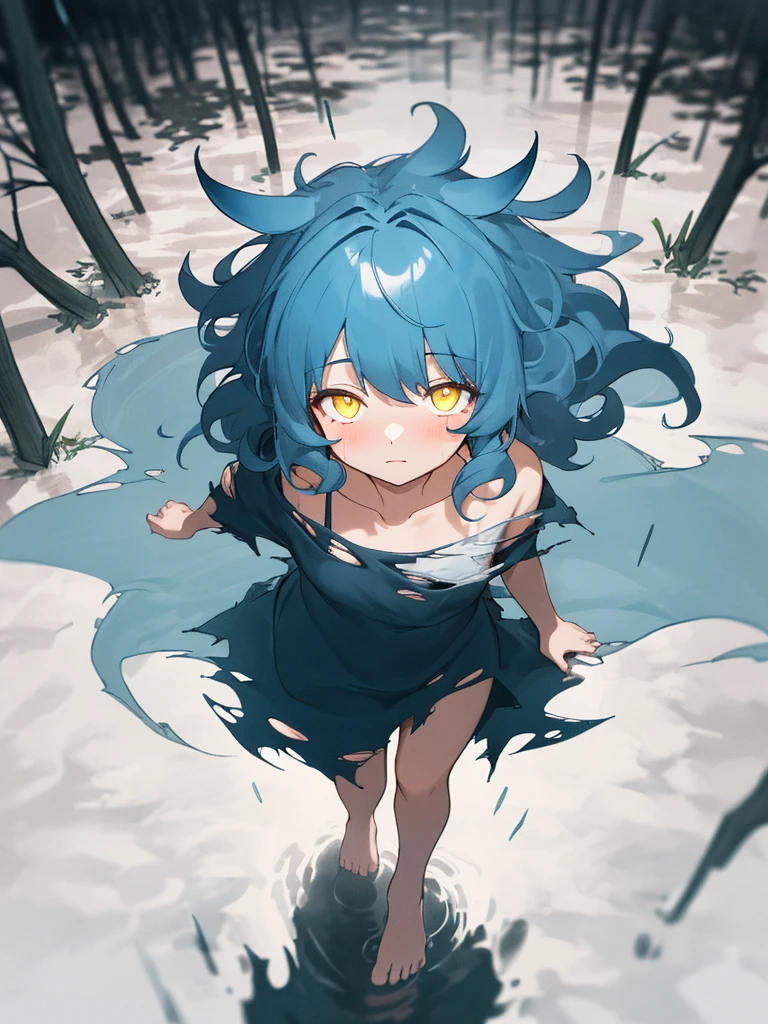 (best quality:1.5), dimmed color, (darkness:1.3), (night:1.3), Underexpose Lighting, 1girl, solo, smaller female, yellow eyes, glowing eyes, Indigo blue hair, messy hair, wavy hair, hair over eyes, half closed eyes, brown clothhes, (torn clothhes:1.2), rat ears, rat tail, collarbone, barefoot, (walking:1.1), looking up, (shoot from above:1.2), listless, downer, (dark forest:1.2), (rain1.2), puddle, mist