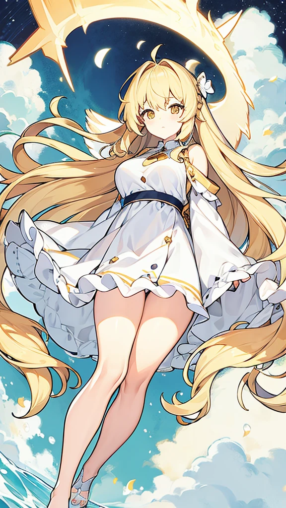 Showing the whole body Cute Baby face Big breasts Flying in the sky White simple dress Long hair Angel Blonde Yellow eyes