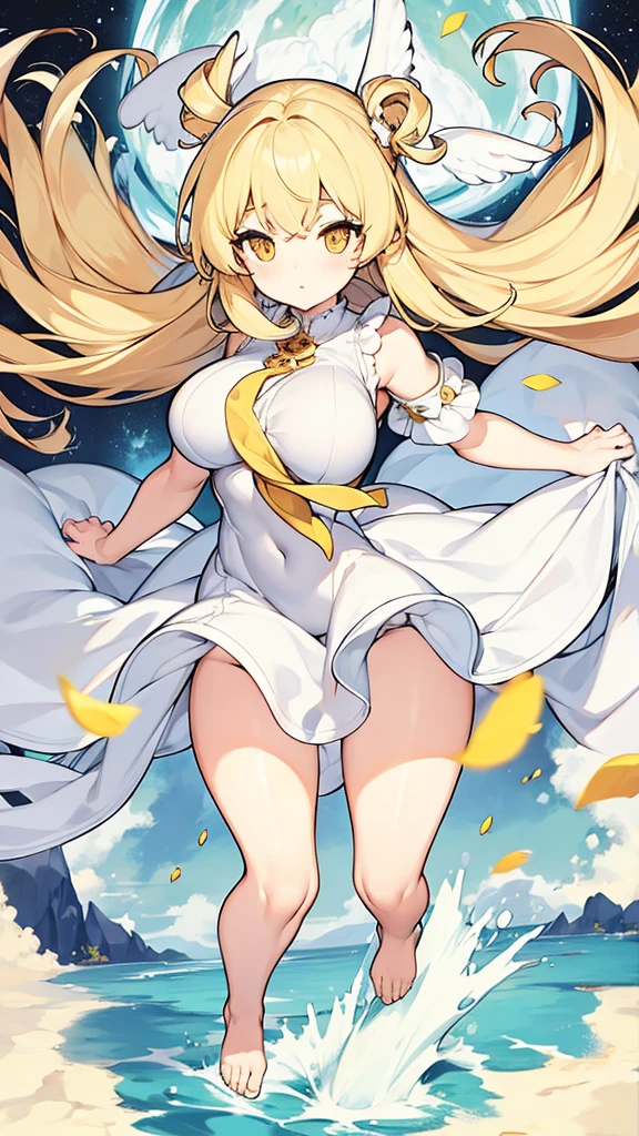 Showing the whole body Cute Big breasts Flying in the sky White simple dress Long hair Angel Blonde Yellow eyes