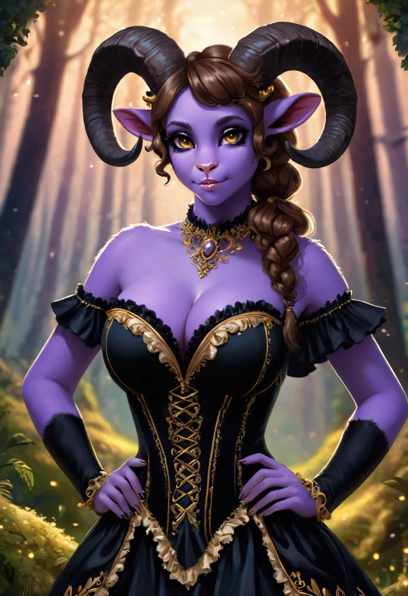 Satyr, female, purple skin, black fur, brown hair, black eyes, straight horns, vantablack dress. perky breasts, cleavage, Ultra HD, Rococo-Inspired Fantasy Art With Intricate Details. Cute, Charming Expression, Alluring-Gaze, looking at viewer Beautiful Eyes, An-Ideal-Figure. Large Youthful Well-Shaped-Breasts, Attractive ass showcased. Massive-Round-Bosom, Décolletage. slim waist, fit body, full lipsWarm lights , woman in a dreamy forest at night, (8K High Resolution) (top-quality)