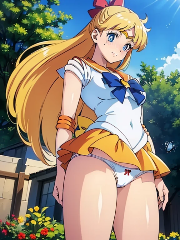 ((Sailor Venus:1.3)), ((Yellow mini skirt:1.3)), ((Red ribbon in hair:1.3)), ((highest quality, High resolution, Hmph, Perfect Pixel, 16K, Hmph, Hmph))), One Girl, single, alone, Beauty、((The whole body is visible:1.5))、((Detailed face, Blushing:1.2)), ((Smooth texture:0.75, Realistic texture:0.65, Realistic:1.3, Anime CG Style)), Medium chest, Dynamic Angle, Perfect body,garden、Very embarrassing panic smile、、Angle from below, Thick lips, ((Showing panties:1.3)), Perfect Fingers:1.5