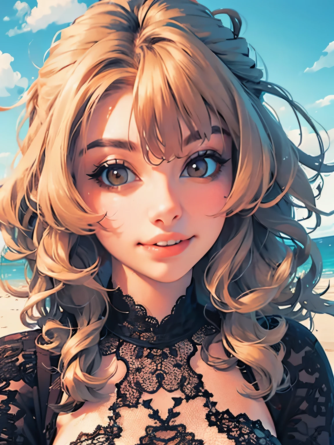 ( Absurd , High quality , ultra detailed, careful with hand )Zodiac - Gemini goddess , similar to latin goodness , Solo .  Curious, skillful, humorous, seductive, imaginative face , Sometimes impractical, restless, nervous, careless style , mature , light brown eyes , long hair , light blonde hair ,  dress , lace lingerie , in the ocean with wind , whole body , flirty look ,