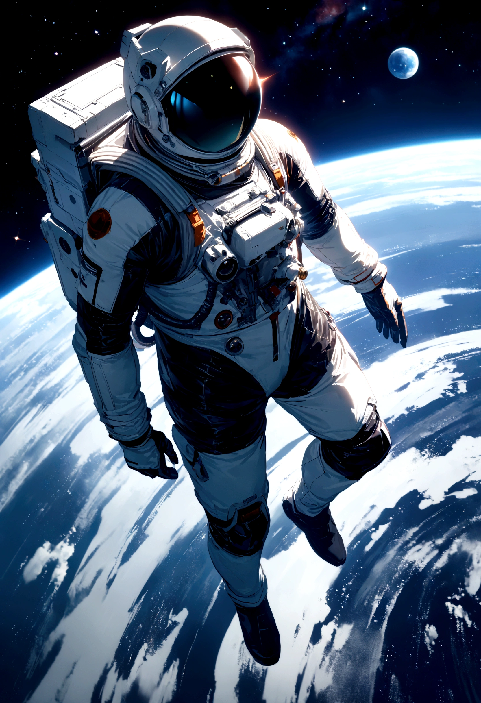 astronaut, intricate detail, Highly Detailed beautiful and aesthetic, amazing quality, (masterpiece), (high quality), wallpaper 8K CG, high resolution, extremely detailed, photorealistic, wide-angle, Top view, depthoffield, beautiful detailed fullbody, single human girl, extremely beautiful detailed anime face and eyes, grin, Beautiful detailed gemological eyes, beautiful detailed face in aerospace helmet, aerospace suit, cosmonaut, (Far Far Away Earth), Floating in space, countless stars, innumerable stars, grand space, delicate background, luminous particles, complex details,