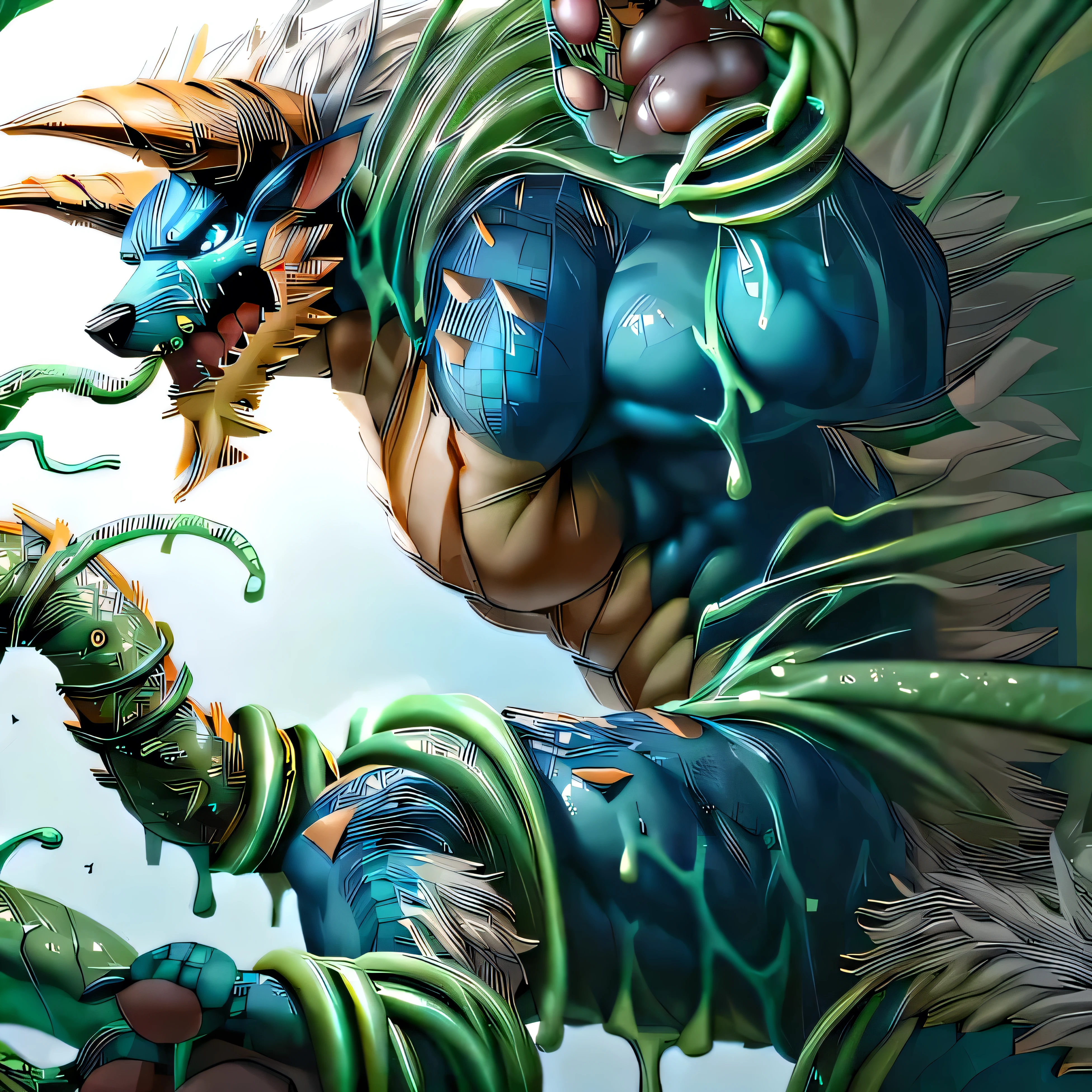 anthropology,(zinogre:1.2),Tail,((whole body,blue eyes, Blue body, White furry, Yellow Hand, Feet, Blue face,4 toes,Tail )),,muscular, whole body, (author:null-ghost,From raccoon21,masterpiece,high quality), Night Fight,((boundary)), rest (((Slime monster uses tentacles to fight dragon)),4 toes,struggle, (pain:1.3),frown,annoyed, Worry,full body,pawpads,((horns))