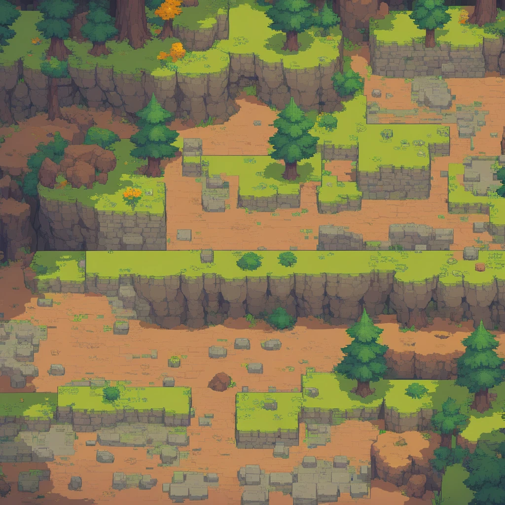 retro video game style,pixelated pastel colors,8-bit characters,blocky shapes,sharp lines,detailed shading,classic gaming vibe,nostalgic atmosphere,classic arcade games,masterpiece:1.2,ultra-detailed,illustration style, 2d texture, stone texture, 4 k seamless mud texture, video game texture, dirt texture, tileset, game tiles, grass, 3/4th perspective trees, tileable cliff formations, tileable cliff texture, 3/4th perspective forest, topdown view, game texture, game art, dirt, , tileable texture, top down view, 3/4th perspective