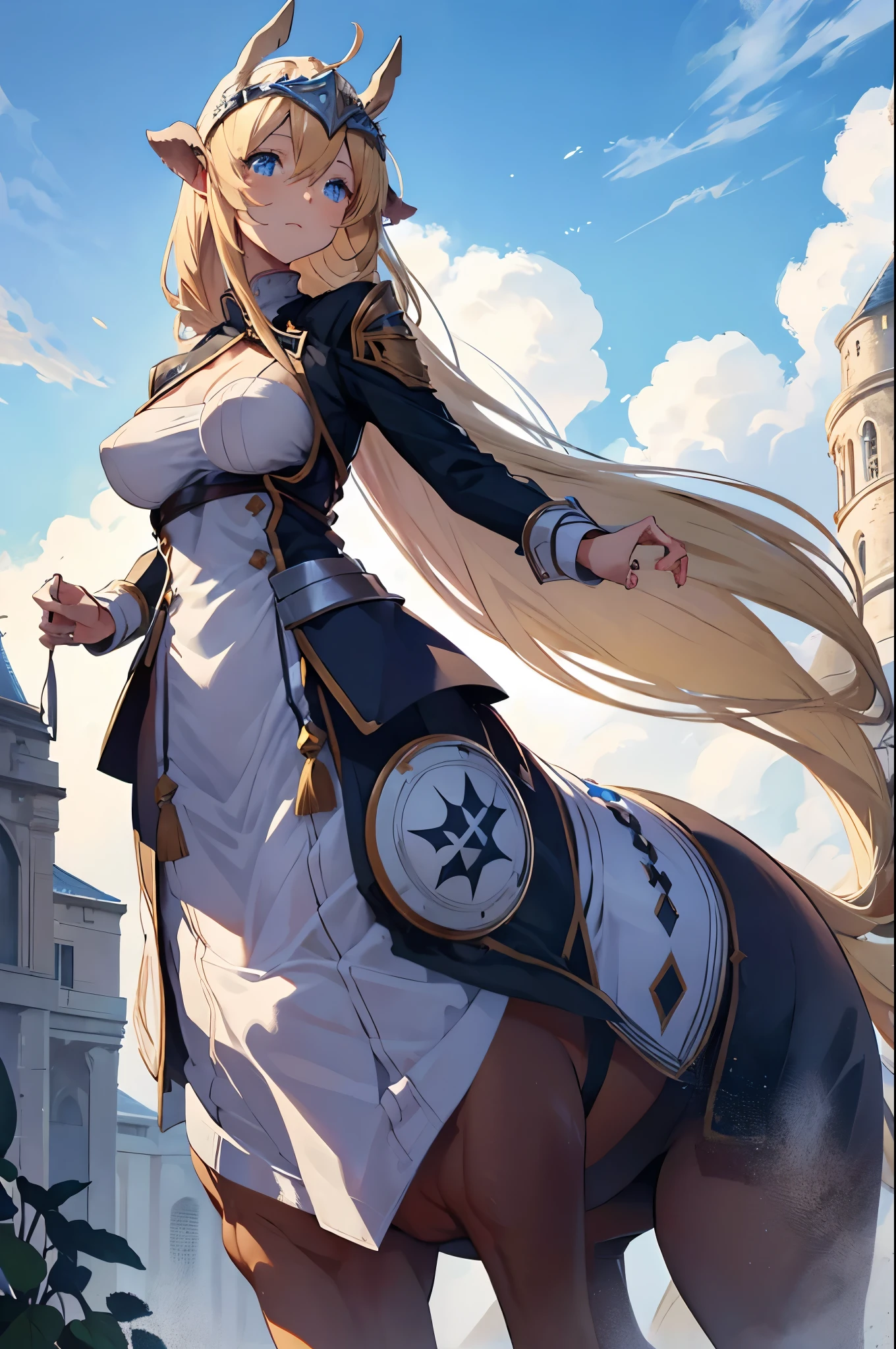 4k,High resolution,one woman,centaur,blonde,long hair,blue eyes,knight,white holy armor,headgear with wings,Long, hugest and bigger and bigger than hugest massive largest bigger biggest