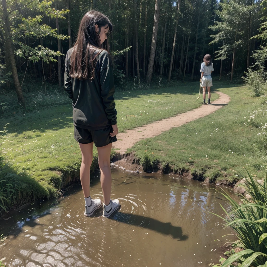 Teenager pissing in the woods ((fully detailed, detailed colorless urine, detailed wet earth)), she didn&#39;t take off her panties ((detailed wet panties)), breasts small.