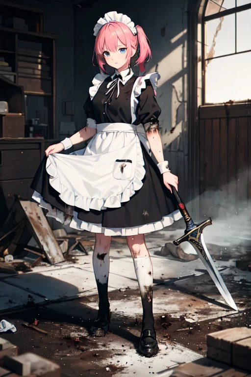 (((Highest quality))), ((masterpiece)), (((detailed))), ((Attention to detail))One girl, cute, Pink Hair, Blue Eyes,
Fighting with a big sword, (Classic maid outfit in black and white, White apron),
The skirt is long, (Burning Battlefield), Western Great Sword, ((A strong enemy in front of me)), (Clothes are dirty quality:1.6), ((My whole body is in tatters 1.6)), ((The clothes are covered in ash, soot and mud..6)), (Skirt is torn quality1.6), ((Apron is slashed quality 1.6)), Dirty with ash and soot, (Dirty maid outfit), Intense Battle, Torn clothing, sparks, fierce fighting, Last-minute offense, White apronも斬り裂かれている,