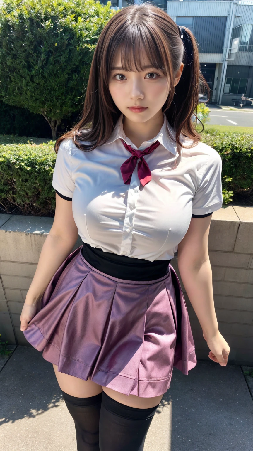 masterpiece, best quality, illustration, Super detailed, fine details, High resolution, 8K,wall paper, perfect dynamic composition,(Details High quality, realistic depiction of eyes:1.3), standing, short hair, (wavy hair:1.2), (short sleeve collared dress shirt,tight skirt,thighhighs,zettai ryouiki:1.4), black hair color, Big Natural Color Lip, bold sexy pose, crying a little、cold gaze, Harajuku style、acrobatic pose, 20 year old girl、cute type、lolita、beautiful legs, gravure idol, Japanese idol, huge breasts