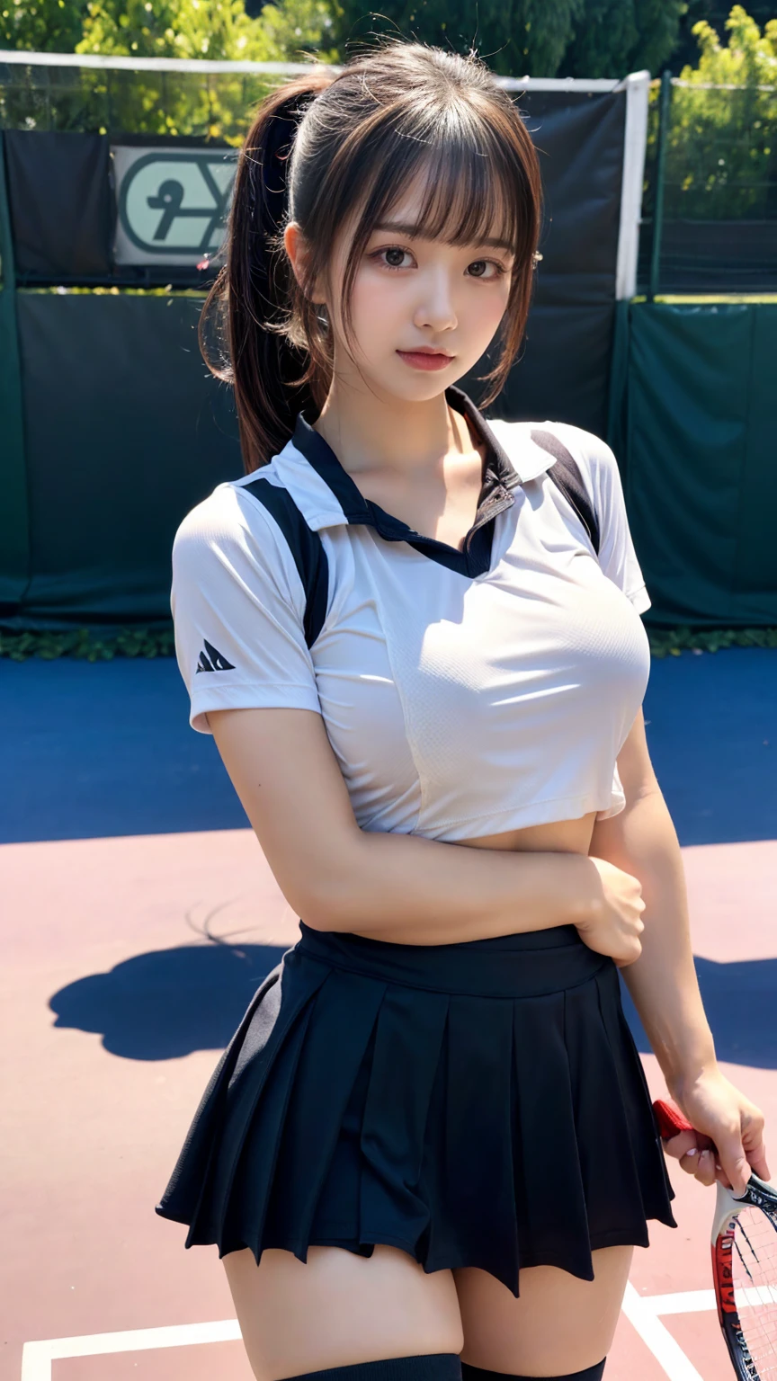 masterpiece, best quality, illustration, Super detailed, fine details, High resolution, 8K,wall paper, perfect dynamic composition, front view, standing, 18 year old girl, tennis player, Gravure Idol, cute type, (Details High quality, realistic depiction of eyes:1.3), (Colossal tits:1.2), expresses the roundness and softness of your chest., low ponytail, bangs, black hair color, Dark makeup, Big Natural Color Lip, thick thighs, perfect body shape, plump figure, large hips, beautiful clavicle, white tennis uniform, short sleeve, shirt, skirt, socks, tennis shoes, depth of fields, natural lighting