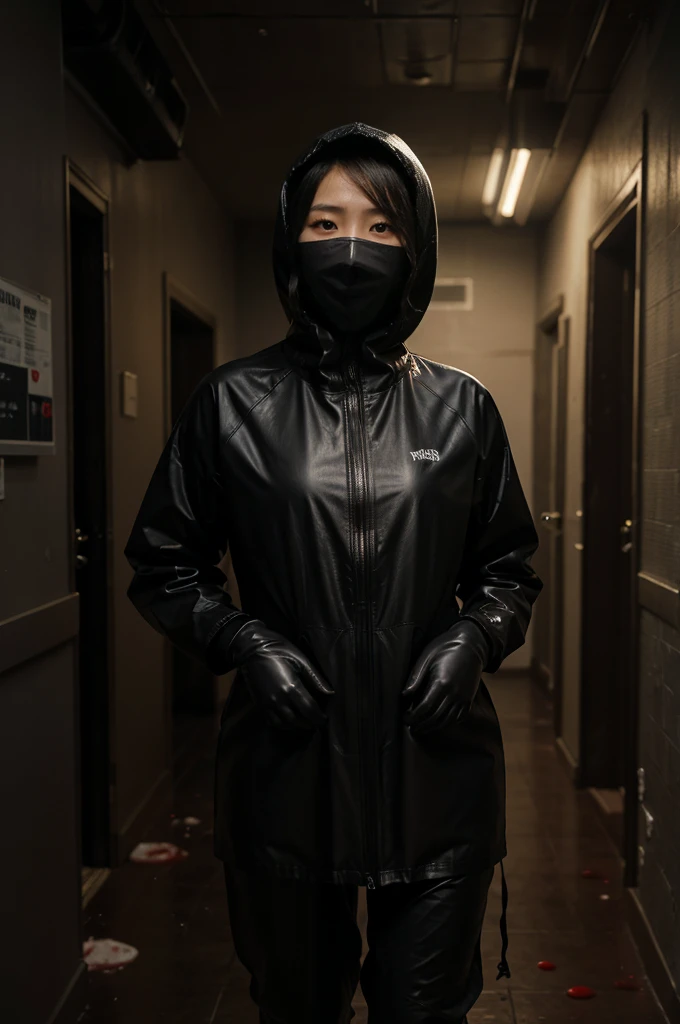 korean girl, (behind corpse, surgical mask), multiple girls, holding knife, stabbing, black raincoat, leather gloves, hood up, room full of blood, black wet suit, holding knife, leather gloves, behind corpse, blood splatter, short hair, night, mass murderer, robbery, in the house, dark atmosphere, cinematic lighting, atmospheric realistic,
