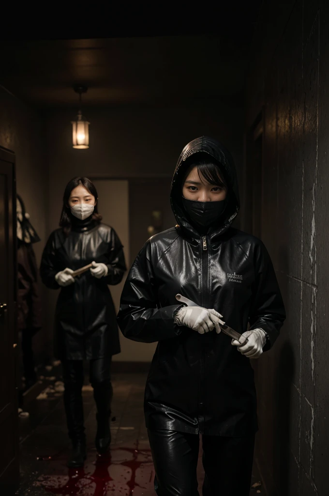 korean girl, (behind corpse, surgical mask), multiple girls, holding knife, stabbing, black raincoat, leather gloves, hood up, room full of blood, black wet suit, holding knife, leather gloves, behind corpse, blood splatter, short hair, night, mass murderer, robbery, in the house, dark atmosphere, cinematic lighting, atmospheric realistic,