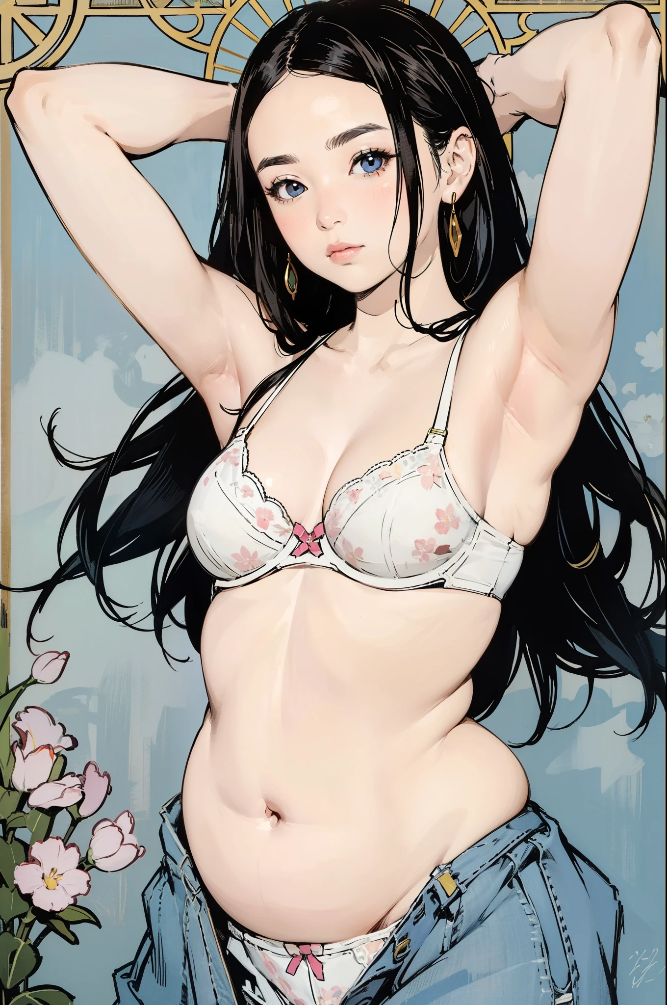 Detailed Background,Mucha style、Art Nouveau、Botanical Art,Flower Art,(Floral:1.2), (masterpiece, Highest quality),Vi良いnt colors,colorful, Highest quality, Amazing details, Anatomically correct, Line art, Written boundary depth,Flat Shading,Bokeh, girl, , (Plump:1.2)), White bra、((Showing off your armpits)),Pussy, Expressive eyes、Perfect Face。 Black hair parted in the middle、she has a wide forehead。Embarrassing、She is blushing。Browsing Caution