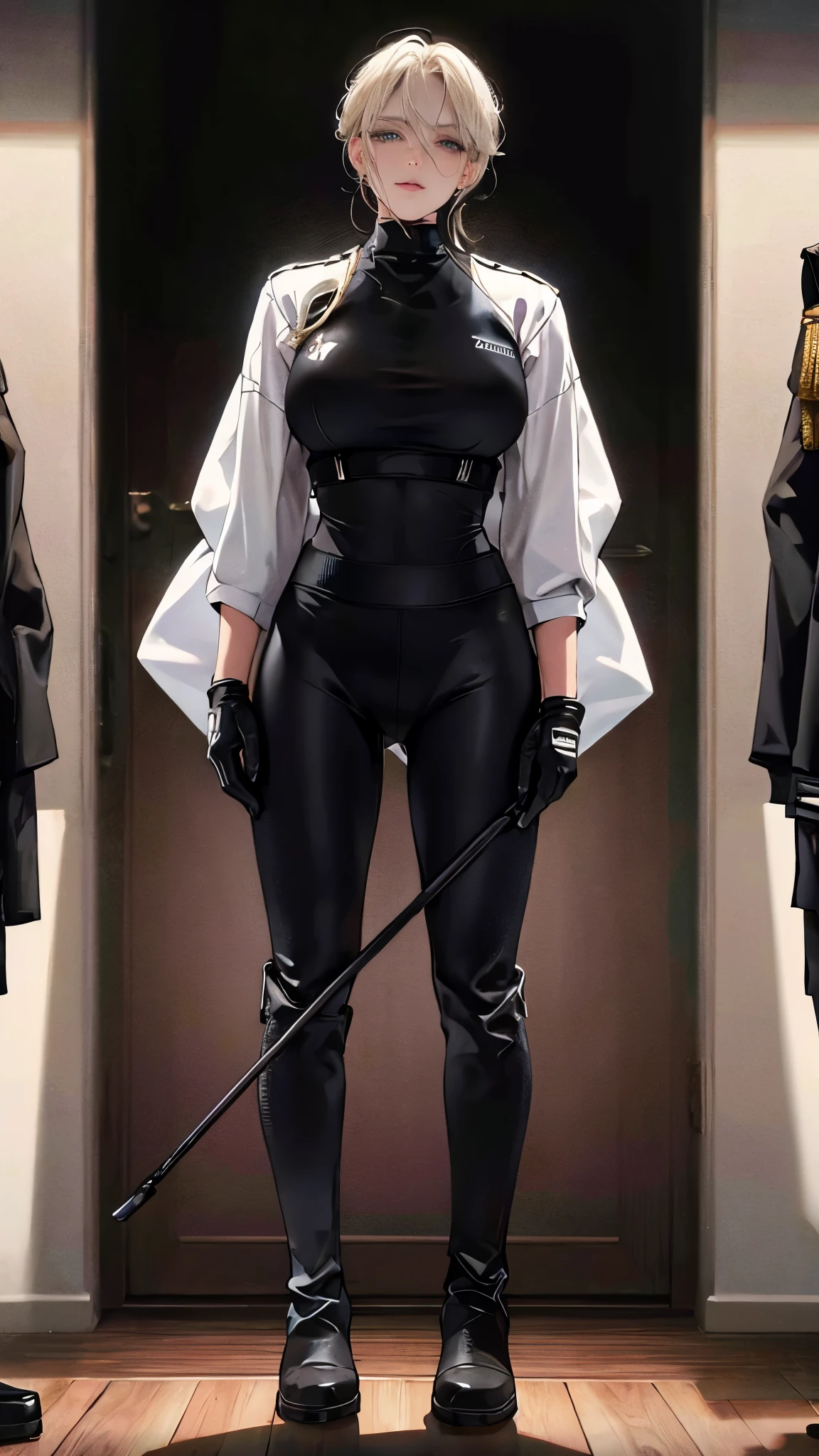 (highest resolution, distinct_image) best quality, a woman, solo, masterpiece, highly detailed, semi realistic, blonde hair, bangs, 22 years old, mature, young, tall strong, uniform, military uniform( large indoor background), cold, serious, tall, handsome, autocratic, powerful, exquisite facial features, exquisite facial features, (full body)(black knee-high boots:1.4)(dominatrix:0.3)(white Yoga pants:1.3),(gloves:1.5)(long sleeves),(active sportswear shirt),solo,1girl,(looking at viewer),(from below:0.9)(head turned upwards:0.3)(smiling:0.4)(bodysuit:0.3)(holding riding crop:1.2)(muscular:0.8)(shirt tucket in pants)(parquet flooring)(standing on floor)(pretty eyes)(staring)(yandere), shining pink iris, pretty eyes, white hair,( superior smirk, smiling:0.4),devious,commanding