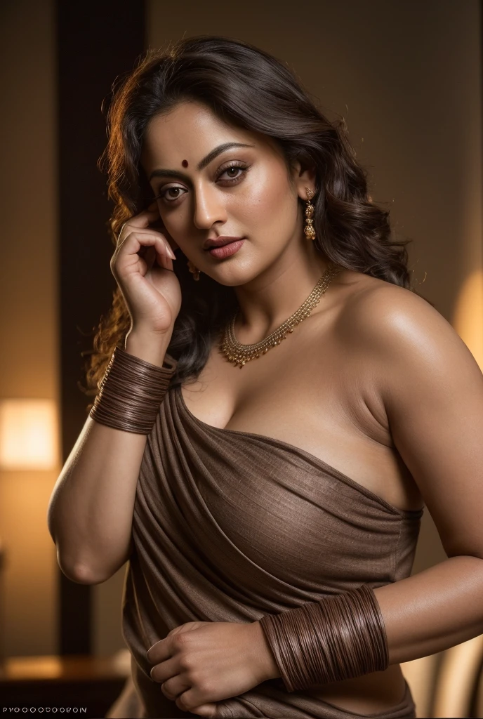 Looks like Sandeepa Dhar, a photo portrait of a beautiful girl 40 years old Woman, curvy hot mommy figure, fleshy figure, with curls, styled black hair, (face portrait:1.5), dramatic light, Rembrandt lighting scheme, bust shot, linen tank top , top quality editorial photograph, skin texture, skin pores, chocolate skin, high quality skin, top quality photography, professional photography, professional retouching, insane detailing, warm moody tones, modern clothes, highly detailed armpits,