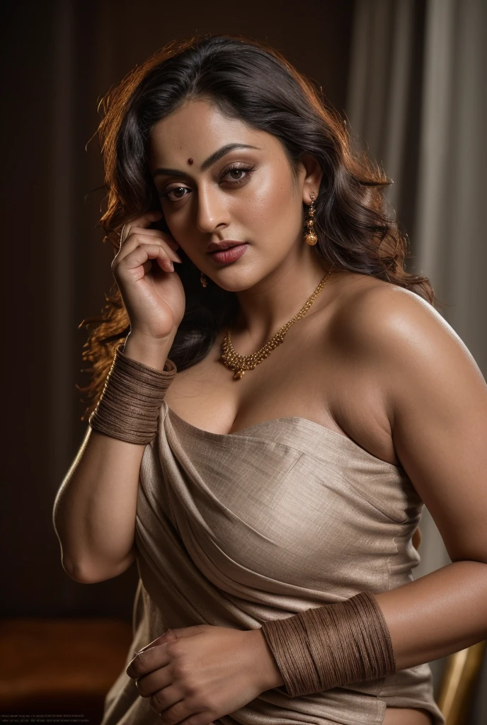 Looks like Sandeepa Dhar, a photo portrait of a beautiful girl 40 years old Woman, curvy hot mommy figure, fleshy figure, with curls, styled black hair, (face portrait:1.5), dramatic light, Rembrandt lighting scheme, bust shot, linen tank top , top quality editorial photograph, skin texture, skin pores, chocolate skin, high quality skin, top quality photography, professional photography, professional retouching, insane detailing, warm moody tones, modern clothes, highly detailed armpits, 