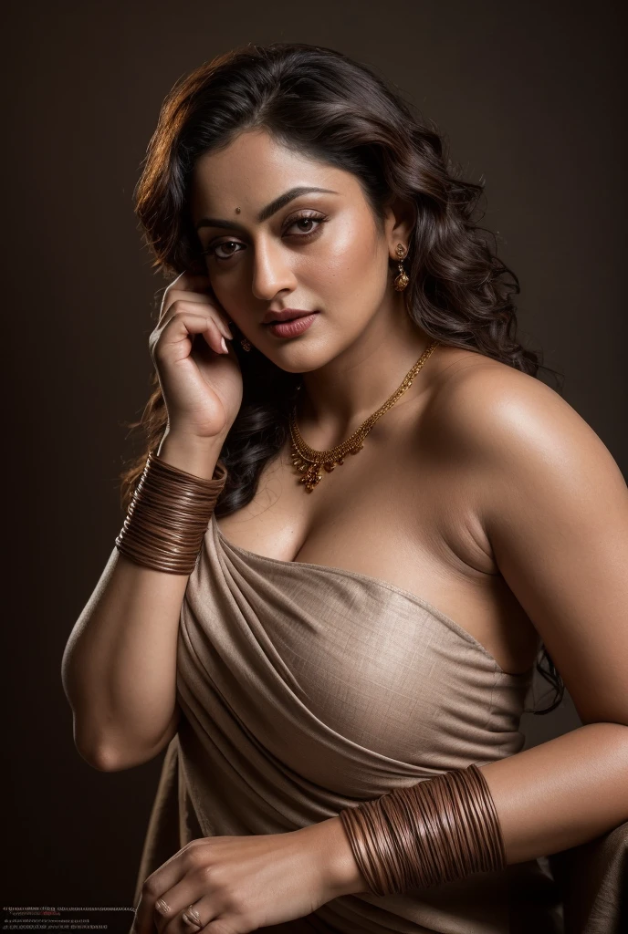 Looks like Sandeepa Dhar, a photo portrait of a beautiful girl 40 years old Woman, curvy hot mommy figure, fleshy figure, with curls, styled black hair, (face portrait:1.5), dramatic light, Rembrandt lighting scheme, bust shot, linen tank top , top quality editorial photograph, skin texture, skin pores, chocolate skin, high quality skin, top quality photography, professional photography, professional retouching, insane detailing, warm moody tones, modern clothes, highly detailed armpits,