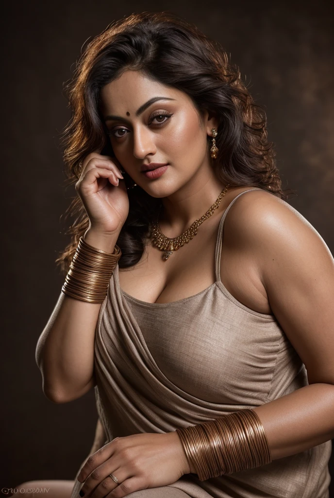 Looks like Sandeepa Dhar, a photo portrait of a beautiful girl 40 years old Woman, curvy hot mommy figure, fleshy figure, with curls, styled black hair, (face portrait:1.5), dramatic light, Rembrandt lighting scheme, bust shot, linen tank top , top quality editorial photograph, skin texture, skin pores, chocolate skin, high quality skin, top quality photography, professional photography, professional retouching, insane detailing, warm moody tones, modern clothes, highly detailed armpits,