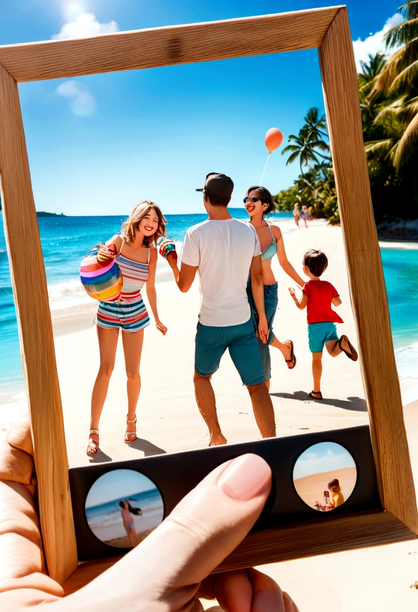 Family of 3 running on the beach with balloons in hand, happy family, people on the beach, sunny day on the beach, sunny sky, photo shoot, istock, best adobe stock, advertising photo, on the beach, shutter, shooting, good morning, (colorful), vacation photos, family, vacation, on the beach, sunny day