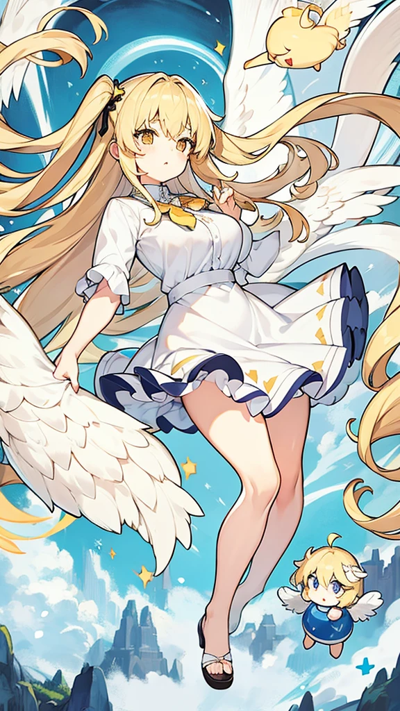 Showing the whole body Cute  Big breasts Flying in the sky White simple dress Long hair Angel Blonde Yellow eyes Deformed