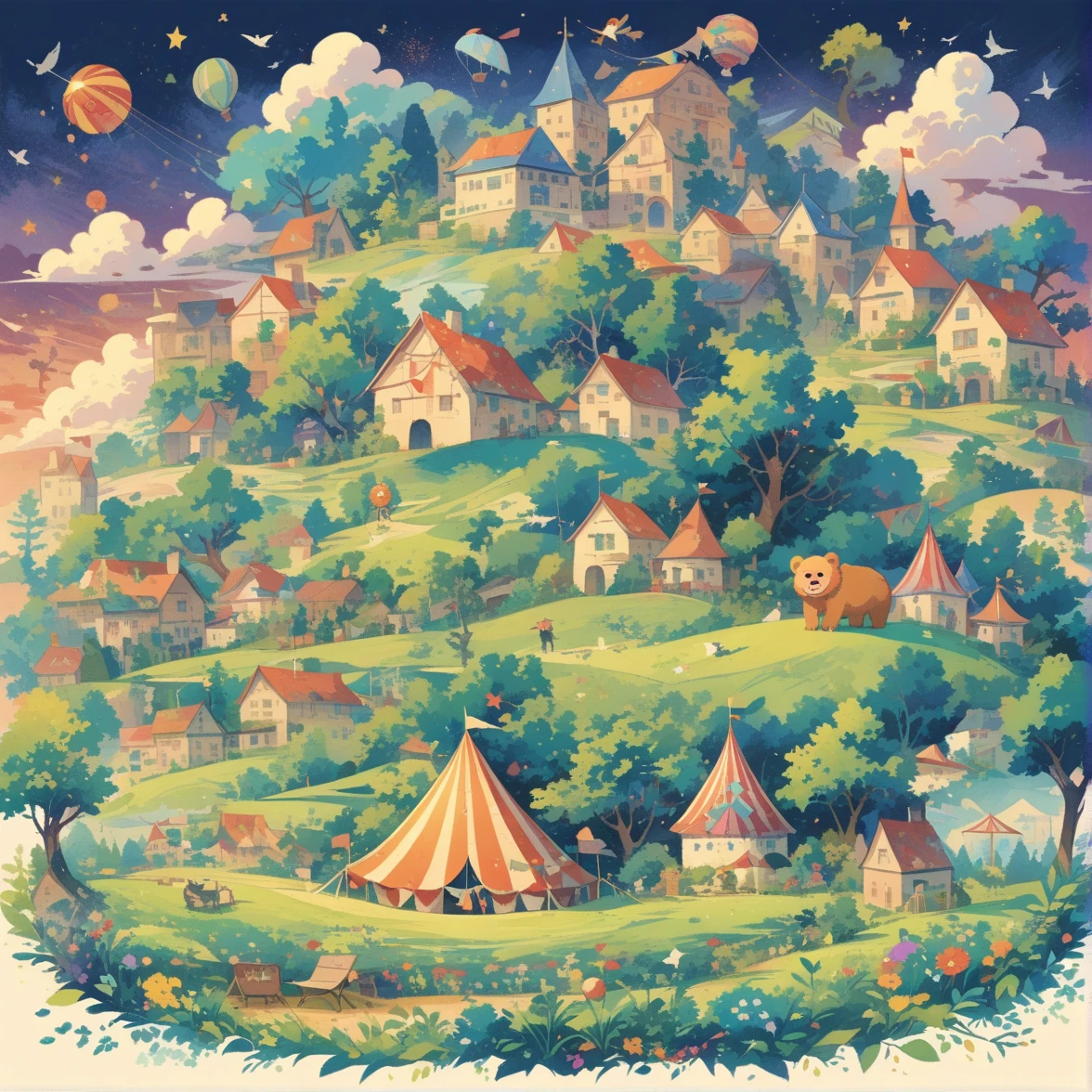 (widescreen, downtown, work of art, best qualityer: 1.2), Costume illustration of boy wearing clown mask with big red nose and circus tent, Lion, bear, big circus, clown doing magic, evoking the magic of the circus. With its purple hue, the background matches your hair, exuding an air of tranquility and creating a harmonious composition that captures the beauty of nature. The illustration symbolizes the harmony between man and his environment, focusing on the face