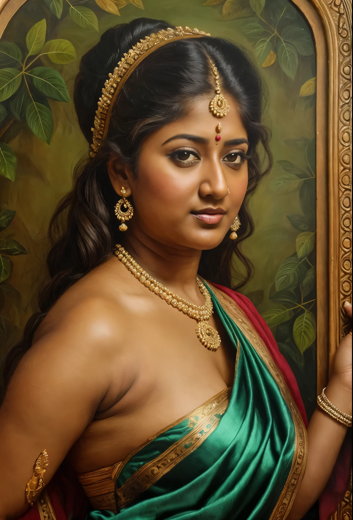 Looks like Nayanthara, exotic Indian art, inspired by oviyar maruthi style painting, inspired by mohanan manimala, Full figured beautiful woman, Apsara, Masterpiece, Beautiful Thick Woman, Best quality, high clarity eyes, critically flawless,sharp picture, Full portrait, High pixels, perfect face, perfect eyes, beautiful face, perfect hands,perfect fingers, in Peter Paul Rubens style, by Peter Paul Rubens, baroque style, acrylic on canvas, highly detailed, description: "Create a nymph inspired by the tales of Greek or Roman mythology, embodying the essence of a natural element or location, and possessing a unique ability or trait that sets her apart."