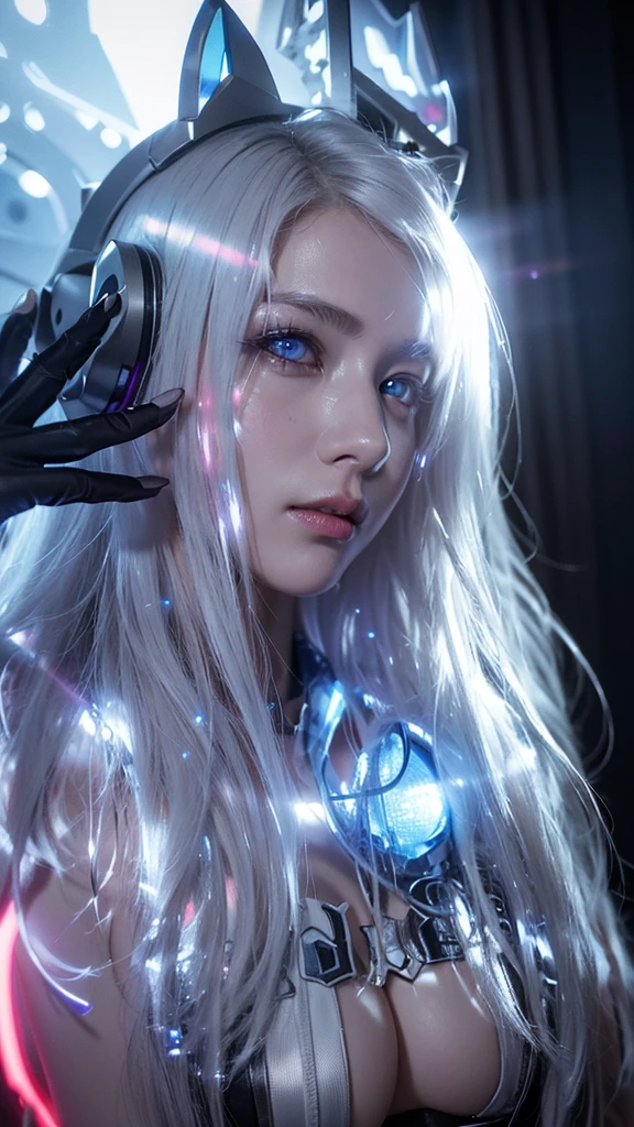 top-quality、​masterpiece、超A high resolution、(Photorealsitic:1.4)、Raw photo、Battle Cyborg Angel、large wings made of metal、White porcelain body、Acrylic Clear Cover、white  hair、glowy skin、1 Cyborg Girl、((super realistic details))、portlate、globalillumination、Shadow、octan render、8K、ultrasharp、character edge light,Colossal tits、Raw skin is exposed in cleavage、Details of complex ornaments、Double Zeta Gundam details、Hydraulic cylinder、Small LED lamp、highly intricate detail、Realistic light、a purple eye、radiant eyes、Facing the camera、neon details、cowboy  shot、Futuristic headgear、About Cyberpunk、、