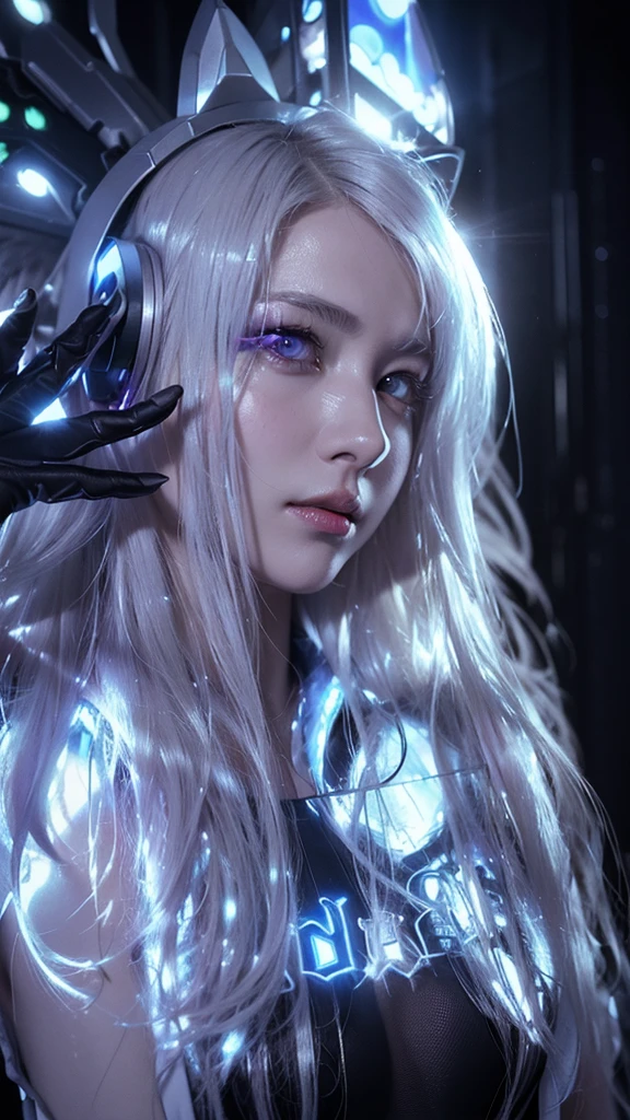 top-quality、masterpiece、超A high resolution、(Photorealsitic:1.4)、Raw photo、Battle Cyborg Angel、large wings made of metal、White porcelain body、Acrylic Clear Cover、white hair、glowy skin、1 Cyborg Girl、((super realistic details))、portlate、globalillumination、Shadow、octan render、8K、ultrasharp、character edge light,Colossal tits、Raw skin is exposed in cleavage、Details of complex ornaments、Double Zeta Gundam details、Hydraulic cylinder、Small LED lamp、highly intricate detail、Realistic light、a purple eye、radiant eyes、Facing the camera、neon details、cowboy shot、Futuristic headgear、About Cyberpunk、、