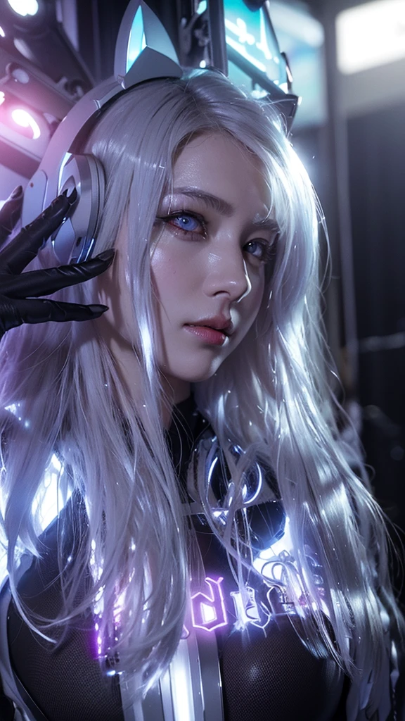 top-quality、masterpiece、超A high resolution、(Photorealsitic:1.4)、Raw photo、Battle Cyborg Angel、large wings made of metal、White porcelain body、Acrylic Clear Cover、white hair、glowy skin、1 Cyborg Girl、((super realistic details))、portlate、globalillumination、Shadow、octan render、8K、ultrasharp、character edge light,Colossal tits、Raw skin is exposed in cleavage、Details of complex ornaments、Double Zeta Gundam details、Hydraulic cylinder、Small LED lamp、highly intricate detail、Realistic light、a purple eye、radiant eyes、Facing the camera、neon details、cowboy shot、Futuristic headgear、About Cyberpunk、、