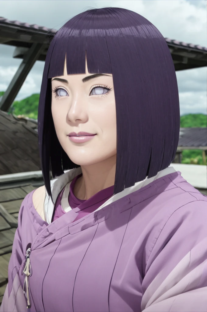 Masterpiece, nonsense, Hinata\(Boruto\), 1 girl, alone,mature woman, shoulder crop,  outdoor, look at viewer, (petals falling), The sky is cloudy., perfect composition, details lips, big breast, Beautiful face, body proportions, Blush, (pink lips), long hair,  purple eyes,  soft stare, sad smile,  Very realistic, details, photography, Realistic faces and bodies