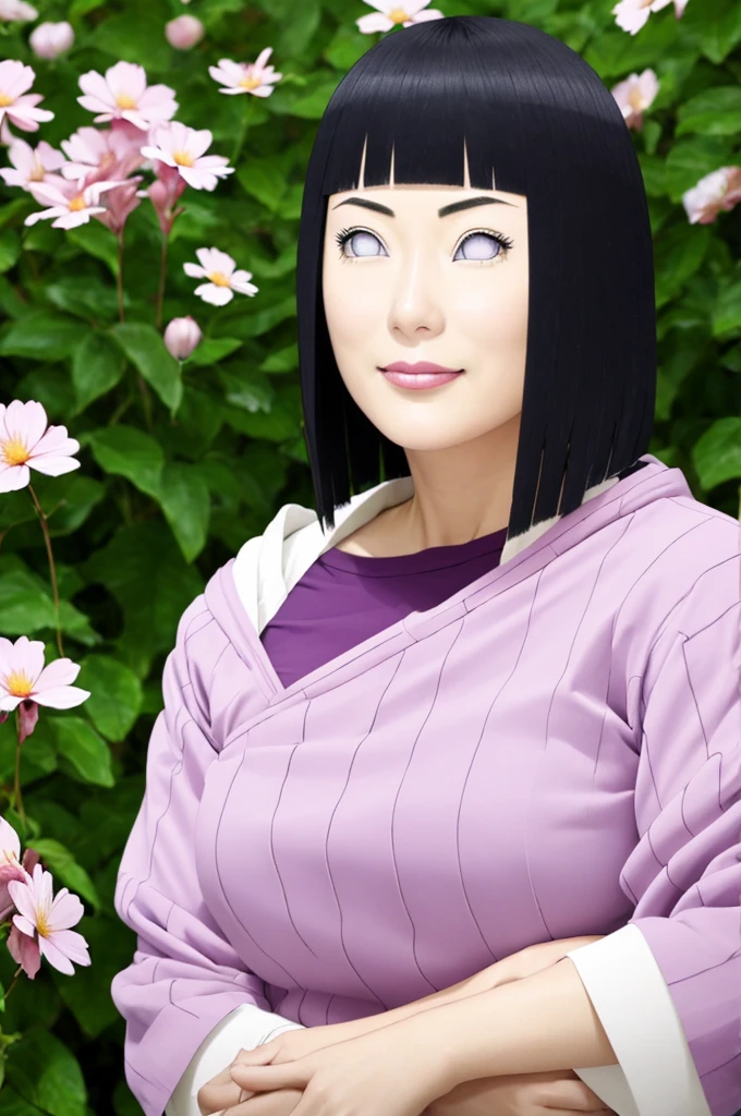 Masterpiece, nonsense, Hinata\(Boruto\), 1 girl, alone,mature woman, shoulder crop,  outdoor, look at viewer, (petals falling), The sky is cloudy., perfect composition, details lips, big breast, Beautiful face, body proportions, Blush, (pink lips), long hair,  purple eyes,  soft stare, sad smile,  Very realistic, details, photography, Realistic faces and bodies