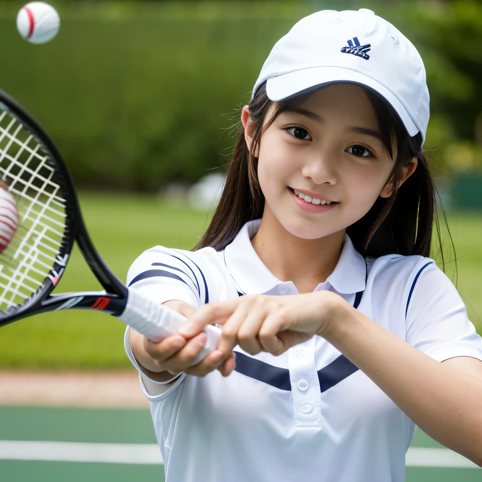 Highest quality, masterpiece, Ultra-high resolution, (Realistic:1.4), Raw photo, One girl, 15 years old, The most famous Japanese idols, Playing tennis, Wearing a tennis uniform and tennis cap, (Very cute face, ((Very cute big black eyes)), Very cute hairstyle), Very cute eyelashes, Very cute lips, (Very beautiful skin), Dynamic Pose, An innocent smile