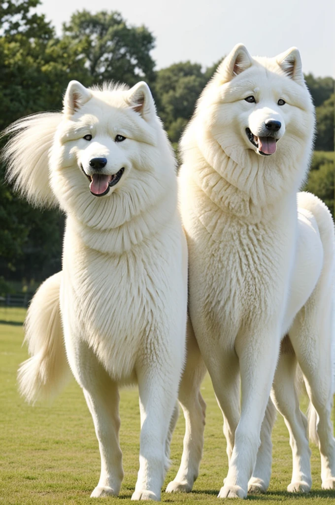 Samoyed breed with a horse with happy faces 
