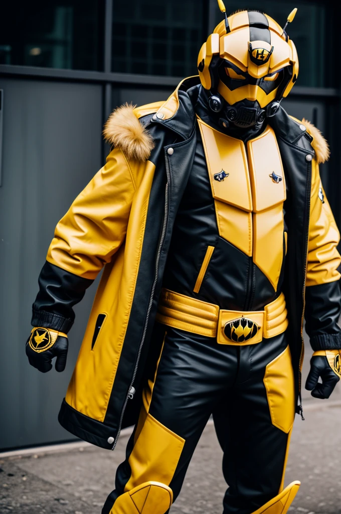 Cartoon bumblebee with crown and shooting jacket