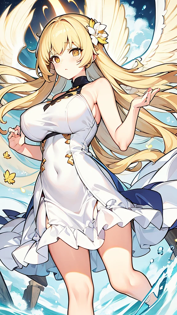 Showing the whole body Cute  Big breasts Flying in the sky White simple dress Long hair Angel Blonde Yellow eyes Deformed