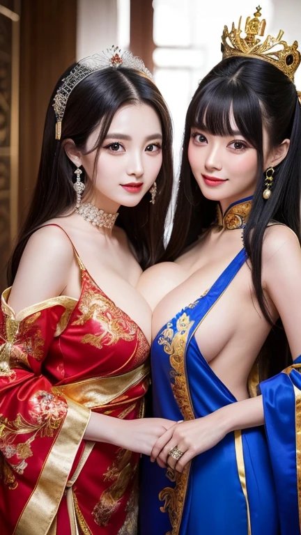 (((Two Chinese beauties)))、((Standing side by side))、((Angle of view from the side))、((Look this way))、((The beautiful woman on the right is wearing a bright red outfit))、(((The beauty on the left is wearing a royal blue outfit.)))、((Two beautiful women in different colored costumes))、21 years old、(Very heavy makeup:1.2)、(Slanted Eyes:1.3)、(long narrow eyes:1.3)、Shiny Hair、Glowing Skin、Very white skin、Jet Black Hair、Straight long hairstyle、Big eyes、Double eyelids、Luxury Chinese palace、(Standing in the palace corridor)、(Golden luxurious hair ornament)、(Patterned costume of a Chinese queen)、Luxurious and gorgeous、(huge breast:1.3)、(Exposed Skin:1.4)、(Smile with your mouth closed)、((Angle of view from chest up))、((right side girl brilliant red))、((left side girl royal blue))