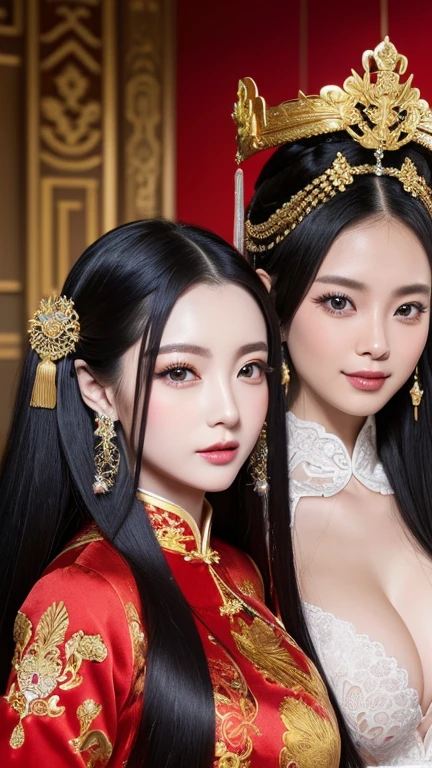 (((Two Chinese beauties)))、((Standing side by side))、((Angle of view from the side))、((Look this way))、((The beautiful woman on the right is wearing a bright red outfit))、(((The beauty on the left is wearing a royal blue outfit.)))、((Two beautiful women in different colored costumes))、21 years old、(Very heavy makeup:1.2)、(Slanted Eyes:1.3)、(long narrow eyes:1.3)、Shiny Hair、Glowing Skin、Very white skin、Jet Black Hair、Straight long hairstyle、Big eyes、Double eyelids、Luxury Chinese palace、(Standing in the palace corridor)、(Golden luxurious hair ornament)、(Patterned costume of a Chinese queen)、Luxurious and gorgeous、(huge breast:1.3)、(Exposed Skin:1.4)、(Smile with your mouth closed)、((Angle of view from chest up))、((right side girl brilliant red))、((left side girl royal blue))