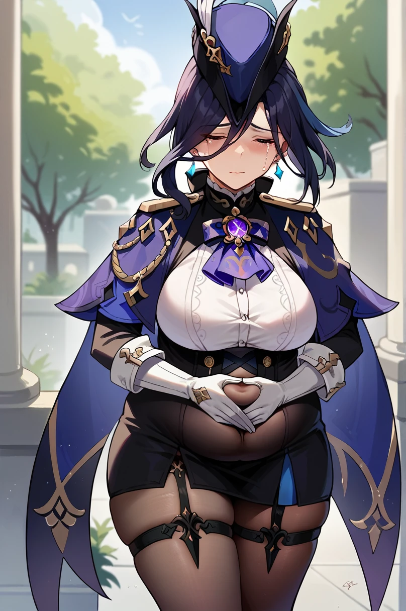 score_9, score_8_up, score_7_up, source anime, 1girl, clorinde \(genshin impact\), tricorne, black pantyhose, earrings, blue cape, white gloves, pencil skirt, white shirt, thigh strap, underbust, ascot, black jacket, depth of field, sad, crying, (chubby), chubby belly, fat rolls, belly hang, holding her belly,