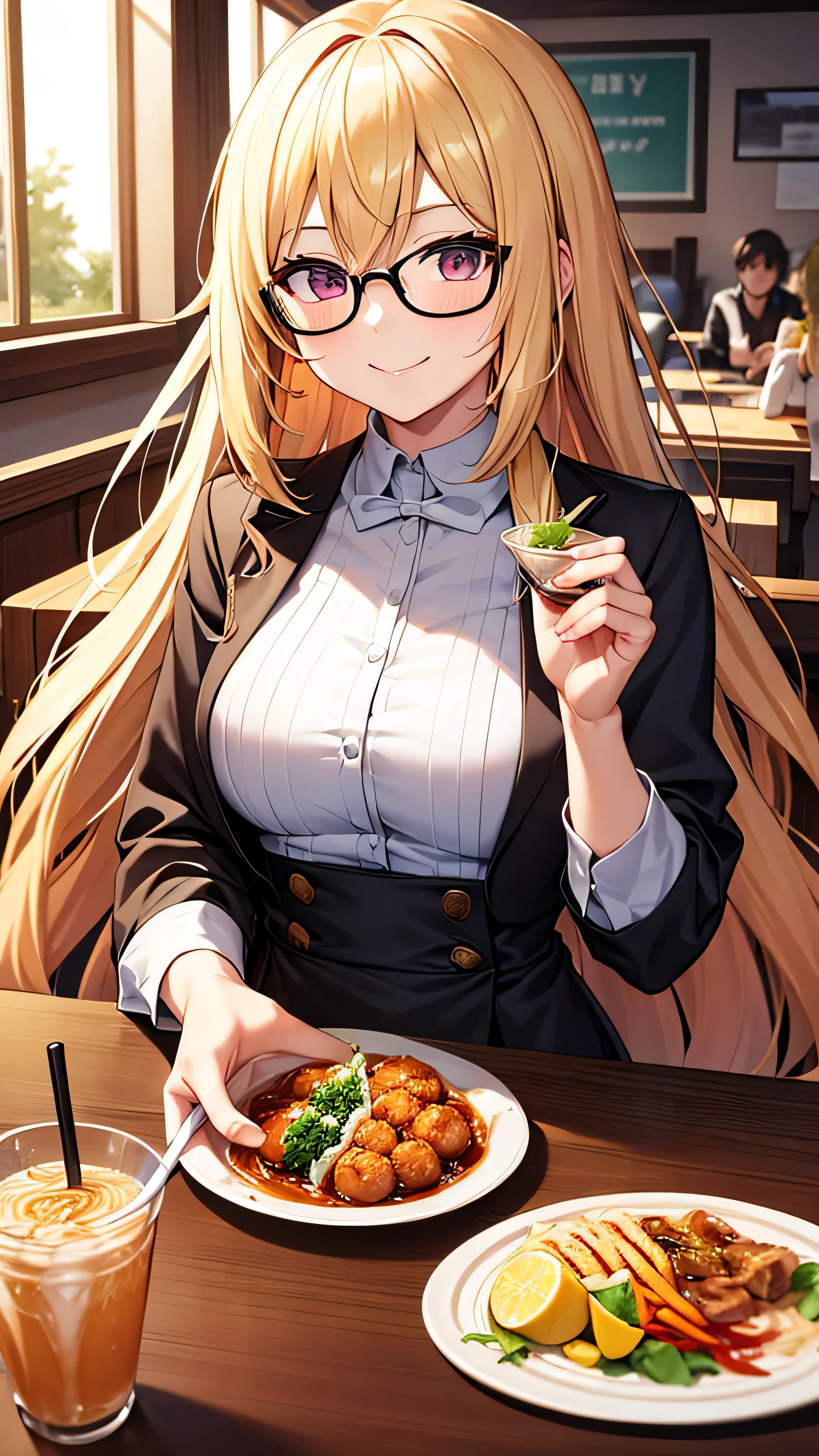 An anime-style woman with long blonde hair and glasses is enjoying a meal at a restaurant. She is holding a small cup of tea and smiling. The table in front of her has a large bowl of ramen with vegetables and meatballs, along with two tall drinks, one with a straw and ice cubes and another with a slice of lemon. The background features large windows with sunlight streaming in and a cozy, modern interior.