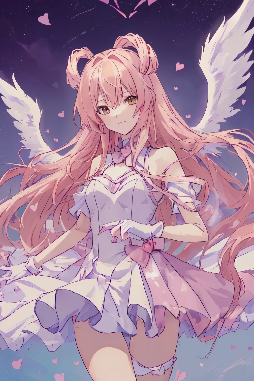 1_girl, (anime, kawai:2), (masterpeice, best_quality, clean:1.5), (sky_background:1.2), (cute, cute_smile, young:1.5), (delicate, beautiful, thin:1.5), (girlfriend, angel:1.8), (green_eyes, simple_eyes:1.5) (long_hair, blond_hair, wearing_pink_dress, pink_angel_wings, sexy_gloves:1.5), extremely_delicate, (love_magic:1.5), (age_size_fits_body), (small_thighs:1.3), (breasts), (eye_level:1.3), (heart_magic, love:1.5), (folded_legs:1.5), (combat, seductive_combat:1.5)