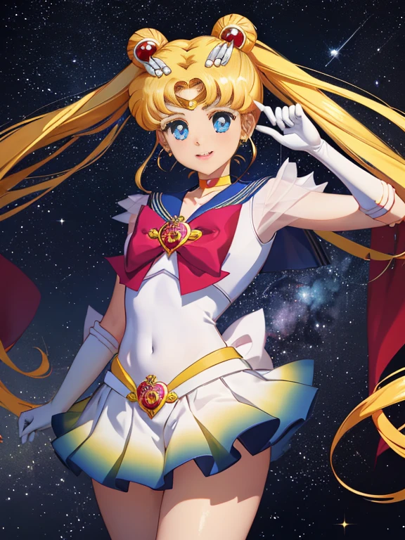 Masterpiece, The best quality, nothing, Manager 1, 1 girl, only, Uniforme Sailor Senshi, Sailor Moon, Usagi Tsukino, rubio, Magical Girl, blue eyes, white panties, red neckerchief, elbow gloves, tiara, blue skirt, pleated skirt, mini skirt, choker, white gloves, jewely, earrings, They are smiling, The background is space (excellent detail, Excellent lighting, wide angle), skirt lift, show panties, ((showing legs)), sin panties