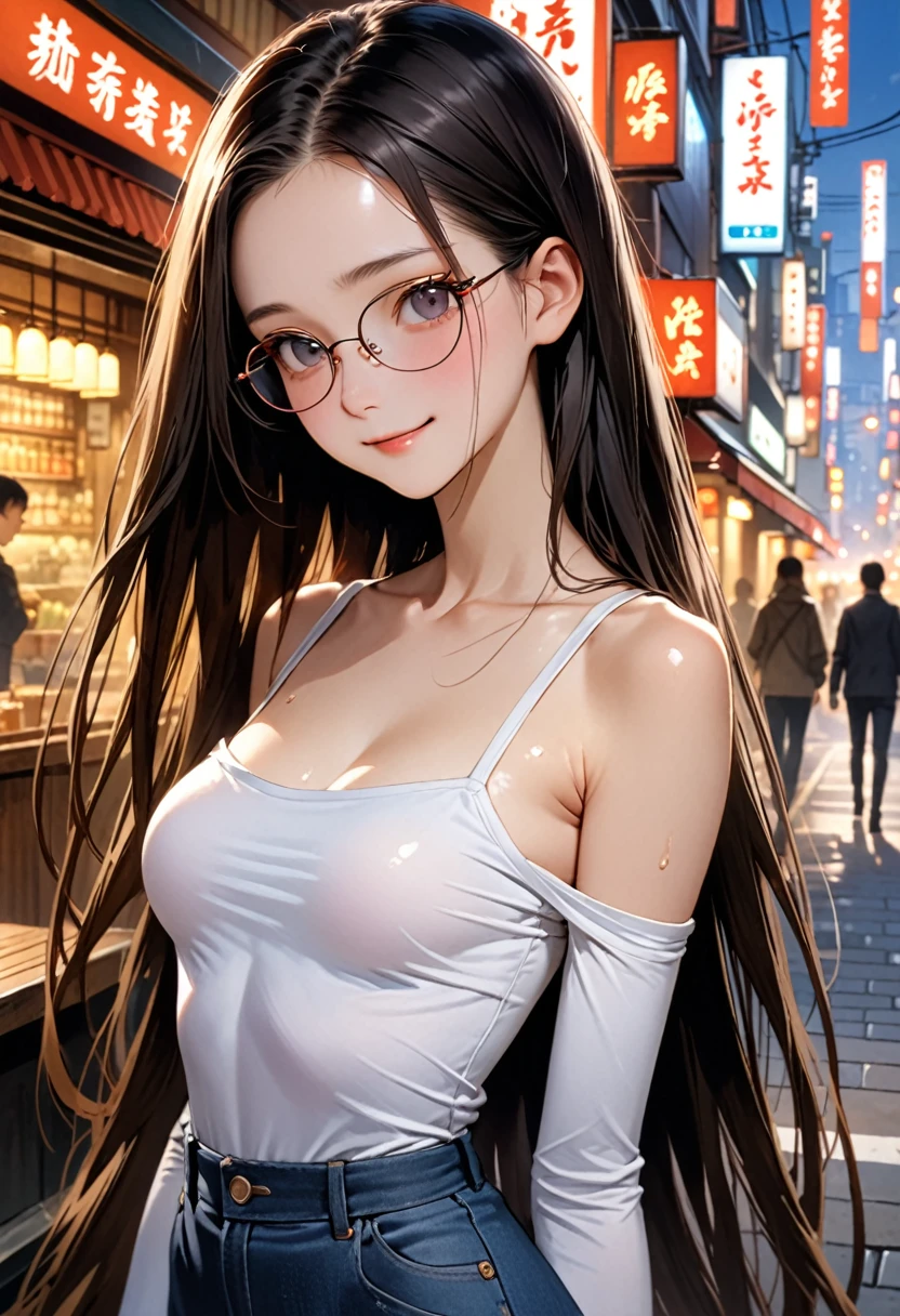 ((masterpiece,Highest quality;1.3,best illustration,realistic)),1woman、独奏,22 year old beauty,((very small head:1.1)),center parted bangs,forehead,black hair,long hair,black eyes,gorgeous eyes,Black-rimmed glasses、shy,smile,medium breasts,((very long body)),((toned body,slender body,skinny)),gleaming skin,shiny skin,oily skin,(White long sleeve collared shirt)、Denim long skirt、on street,Tokyo、