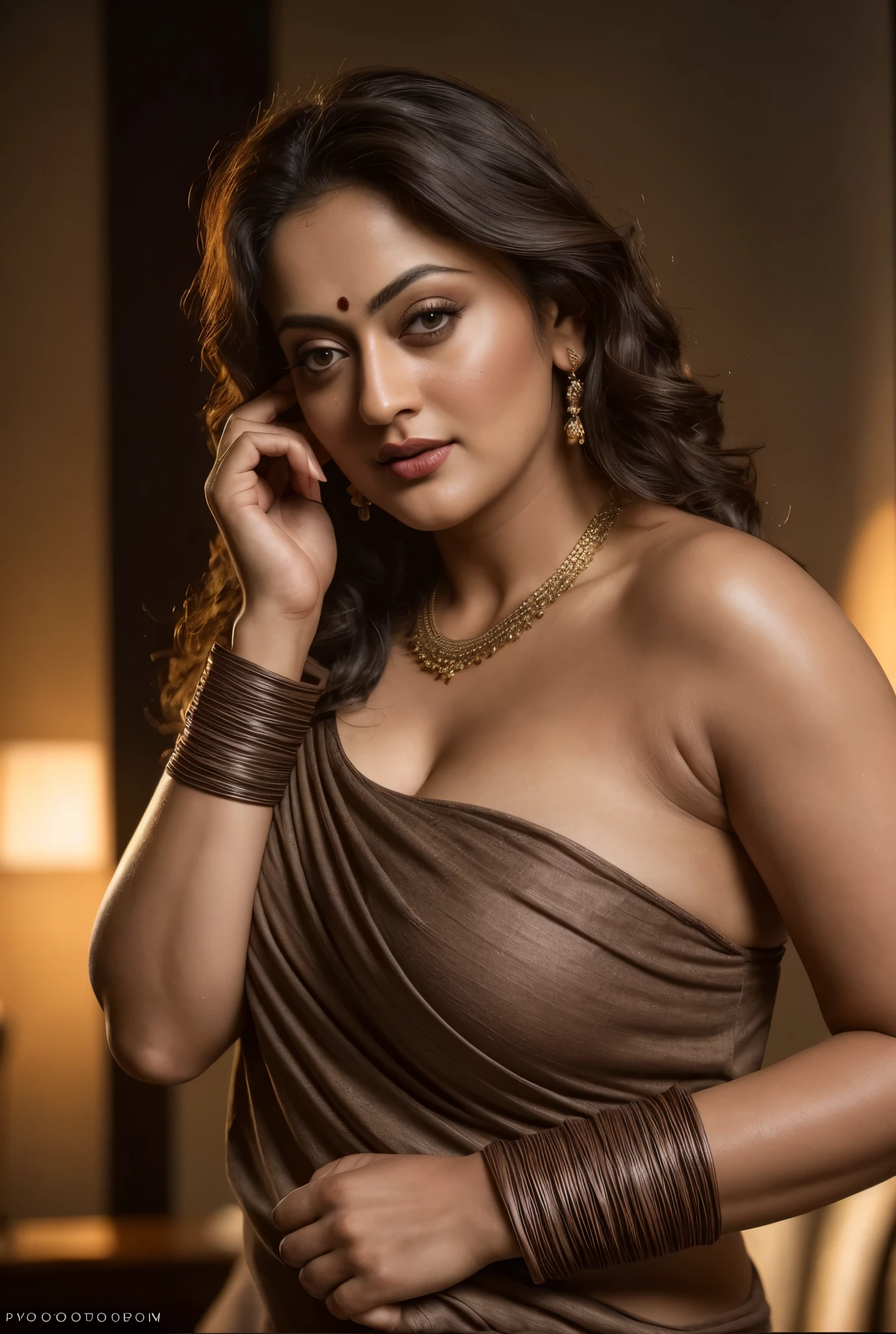 Looks like Sandeepa Dhar, a photo portrait of a beautiful girl 40 years old Woman, curvy hot mommy figure, fleshy figure, with curls, styled black hair, (face portrait:1.5), dramatic light, Rembrandt lighting scheme, bust shot, linen tank top , top quality editorial photograph, skin texture, skin pores, chocolate skin, high quality skin, top quality photography, professional photography, professional retouching, insane detailing, warm moody tones, modern clothes, highly detailed armpits, 