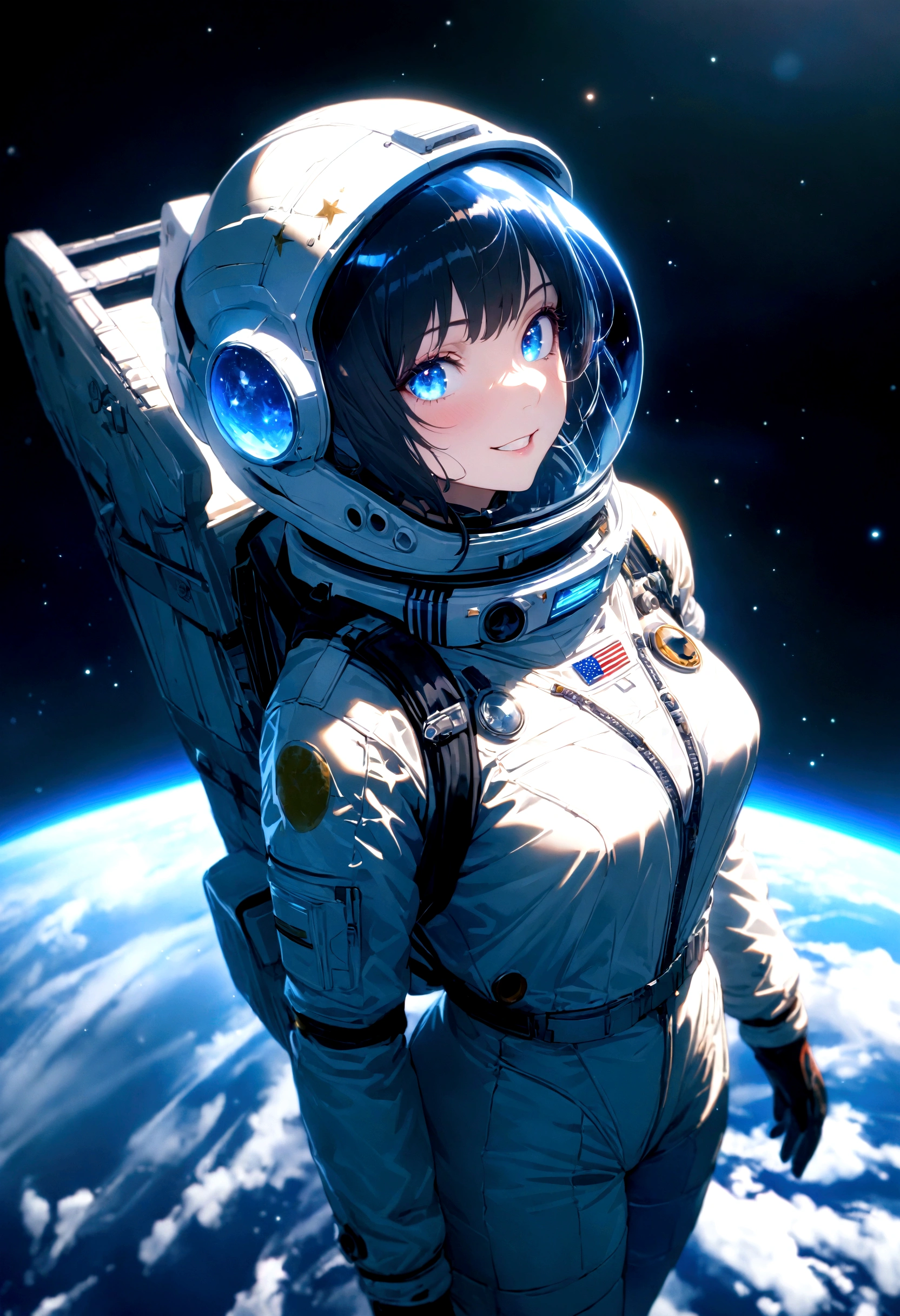 astronaut, intricate detail, Highly Detailed beautiful and aesthetic, amazing quality, (masterpiece), (high quality), wallpaper 8K CG, high resolution, extremely detailed, photorealistic, wide-angle, depthoffield, beautiful detailed fullbody, single human girl, extremely beautiful detailed face and eyes, grin, Beautiful detailed gemological eyes, beautiful detailed face in aerospace helmet, silver aerospace suit, cosmonaut, (The earth looks small), Floating in space, countless stars, innumerable stars, grand space, delicate background, luminous particles, complex details,