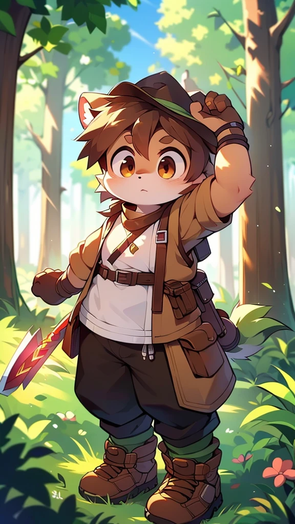 Physical appearance: brave and adventurous with long brown hair and bright brown eyes.badass clothing: Wear a brown leather jacket, olive adventure pants and sturdy hiking boots.Accessories: A pink sword, short and blunt, made of a mysterious metal, that she holds with confidence.Expression: Determined and full of energy, ready to lead the next adventure.